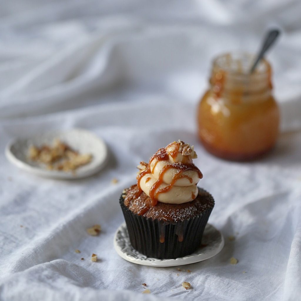 Banana Sour Cream Cupcakes with Salted Caramel Frosting