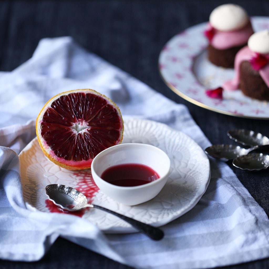 Chocolate Hazelnut Mini Cakes with Blood Orange Frosting