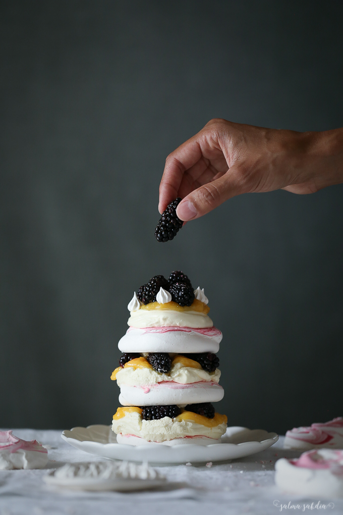 Rose and Blackberry Meringue Stack with Lemon Curd