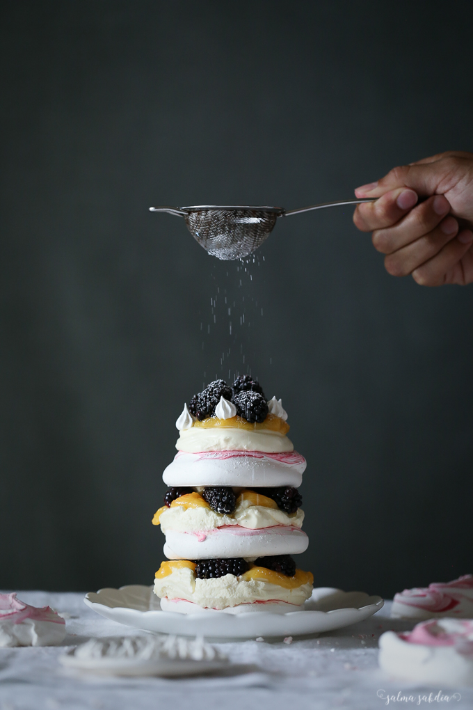 Rose and Blackberry Meringue Stack with Lemon Curd