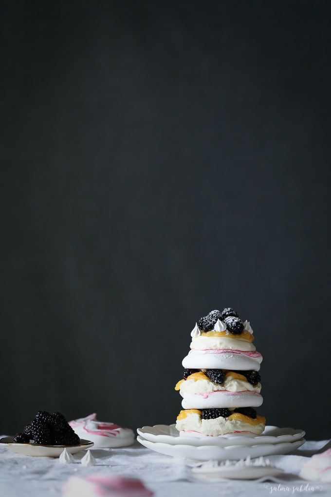 Rose and Blackberry Meringue Stack with Lemon Curd