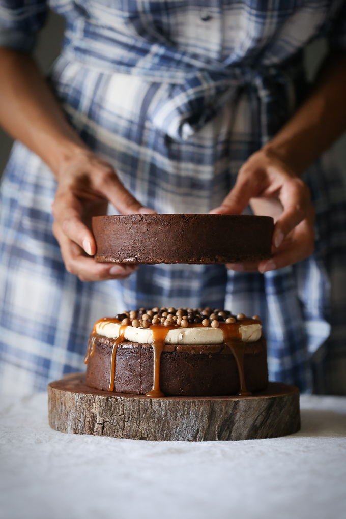 Peanut Butter Brownie Salted Caramel Crunch Cake | The Polka Dotter