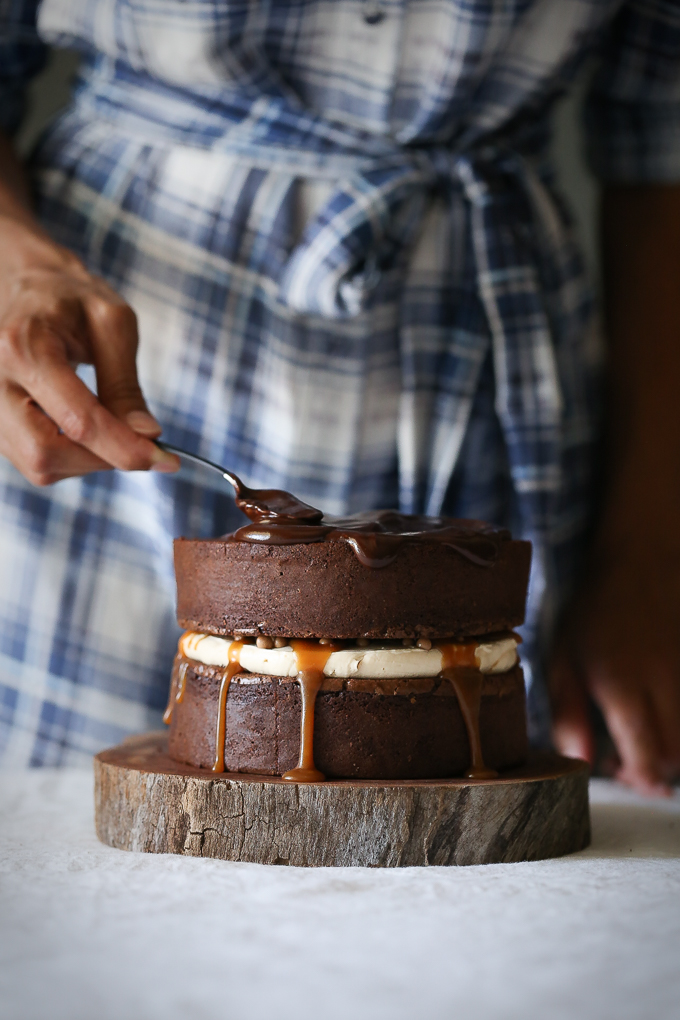 Peanut Butter Brownie Salted Caramel Crunch Cake | The Polka Dotter