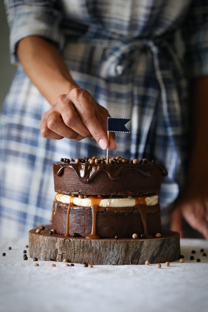 Peanut Butter Brownie Salted Caramel Crunch Cake | The Polka Dotter