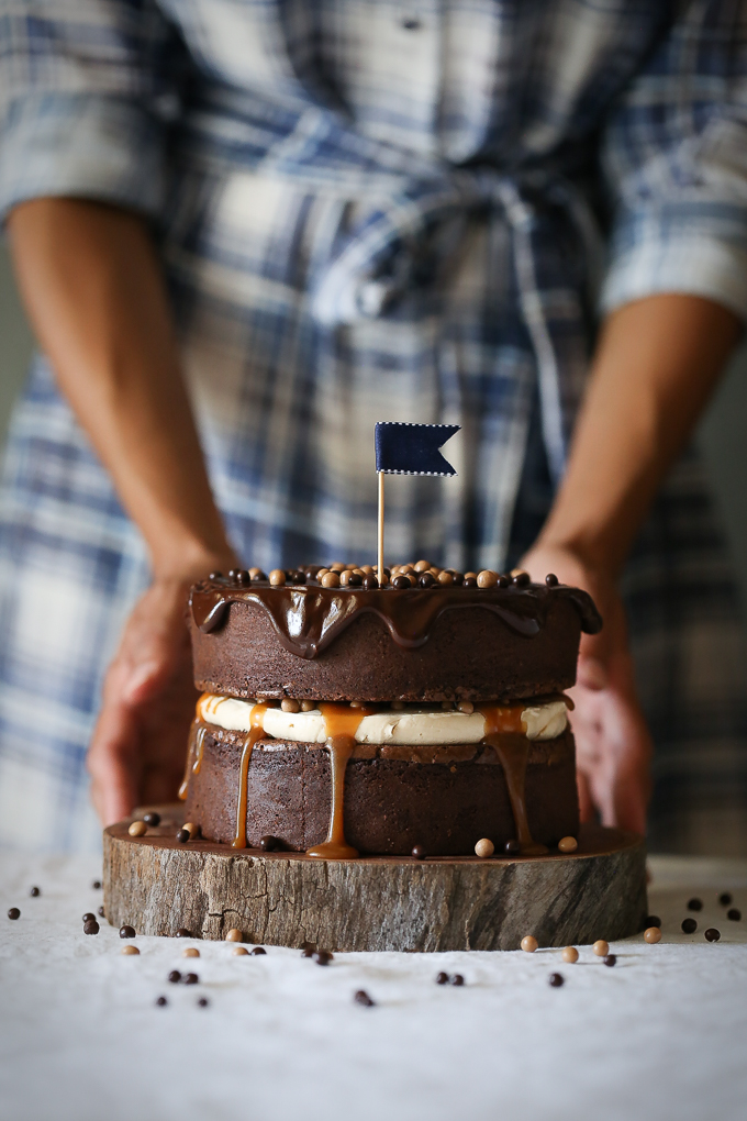 Peanut Butter Brownie Salted Caramel Crunch Cake | The Polka Dotter