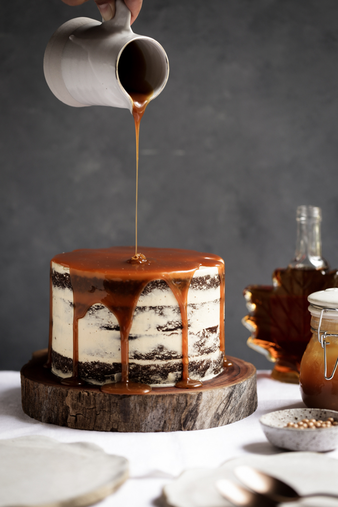 Pumpkin Spice Cake with Maple Frosting + Salted Caramel | The Polka Dotter