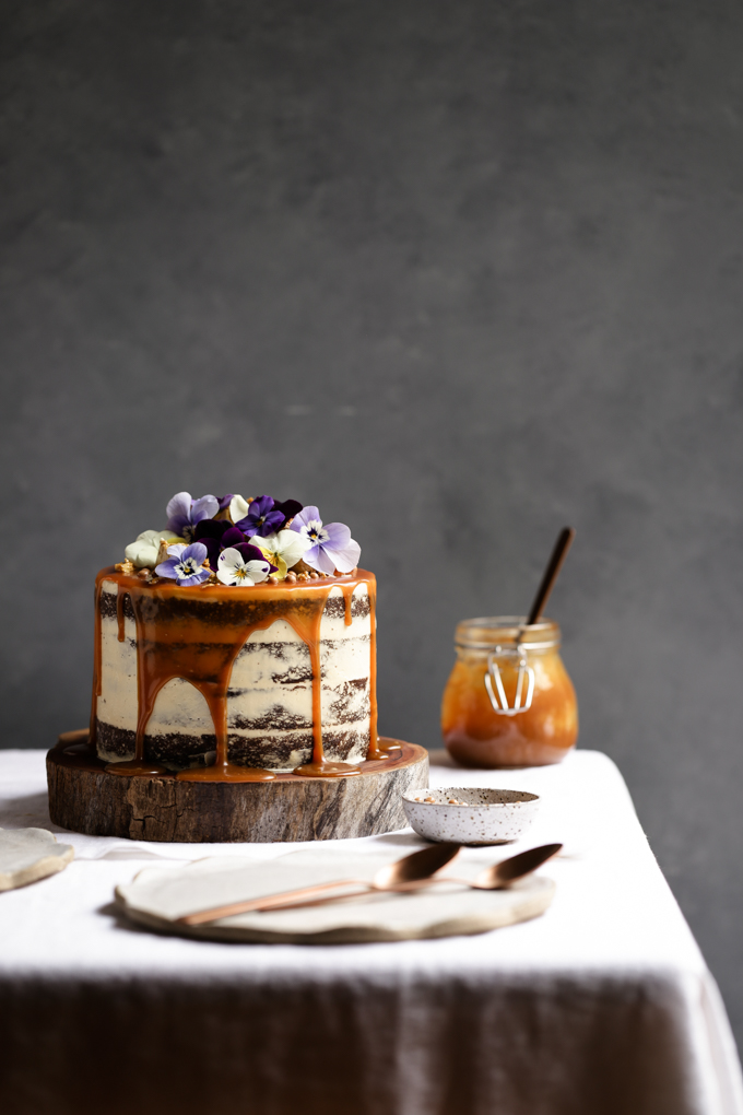 Pumpkin Spice Cake with Maple Frosting + Salted Caramel | The Polka Dotter