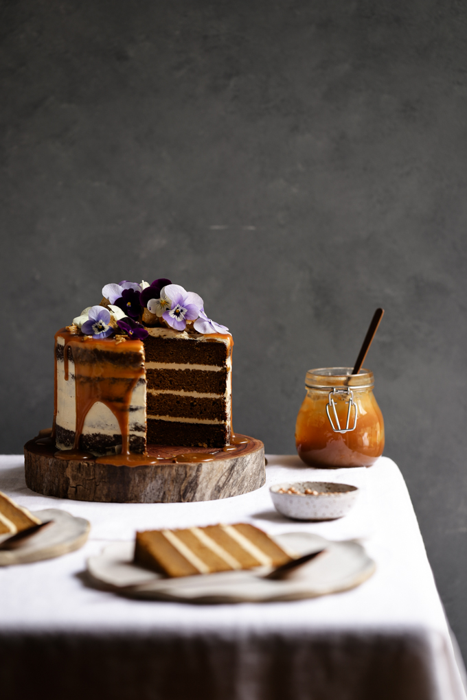 Pumpkin Spice Cake with Maple Frosting + Salted Caramel | The Polka Dotter
