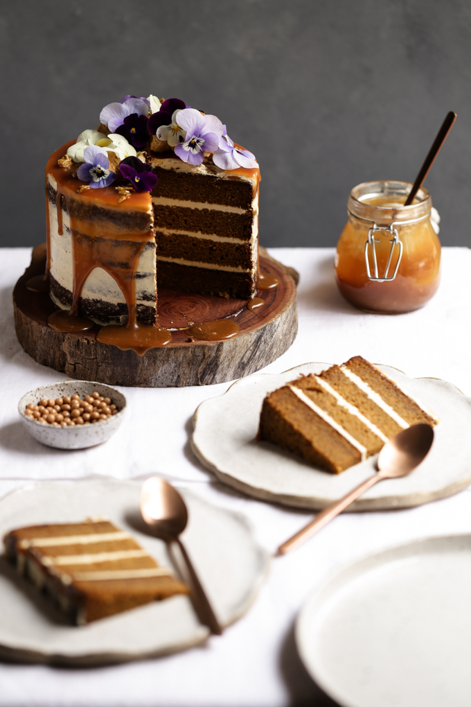 Pumpkin Spice Cake with Maple Frosting + Salted Caramel | The Polka Dotter