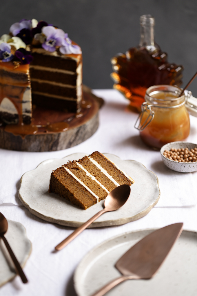 Pumpkin Spice Cake with Maple Frosting + Salted Caramel | The Polka Dotter