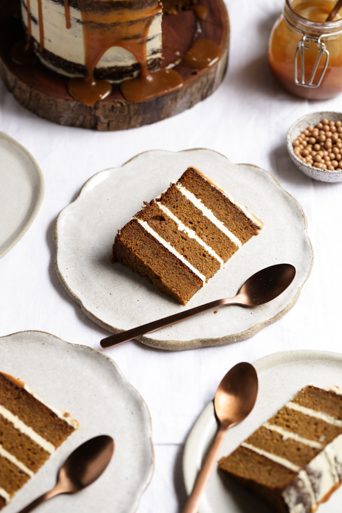 Pumpkin Spice Cake with Maple Frosting + Salted Caramel | The Polka Dotter