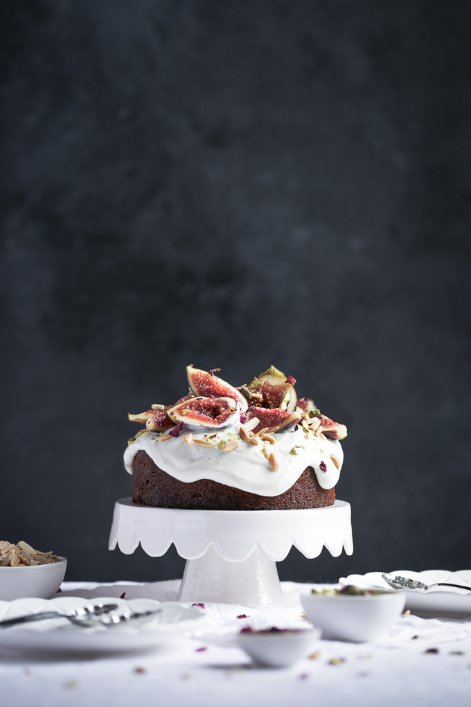 Fig Pistachio & Polenta Cake + Pomegranate Syrup & Rose Labneh Frosting (gluten-free) | The Polka Dotter