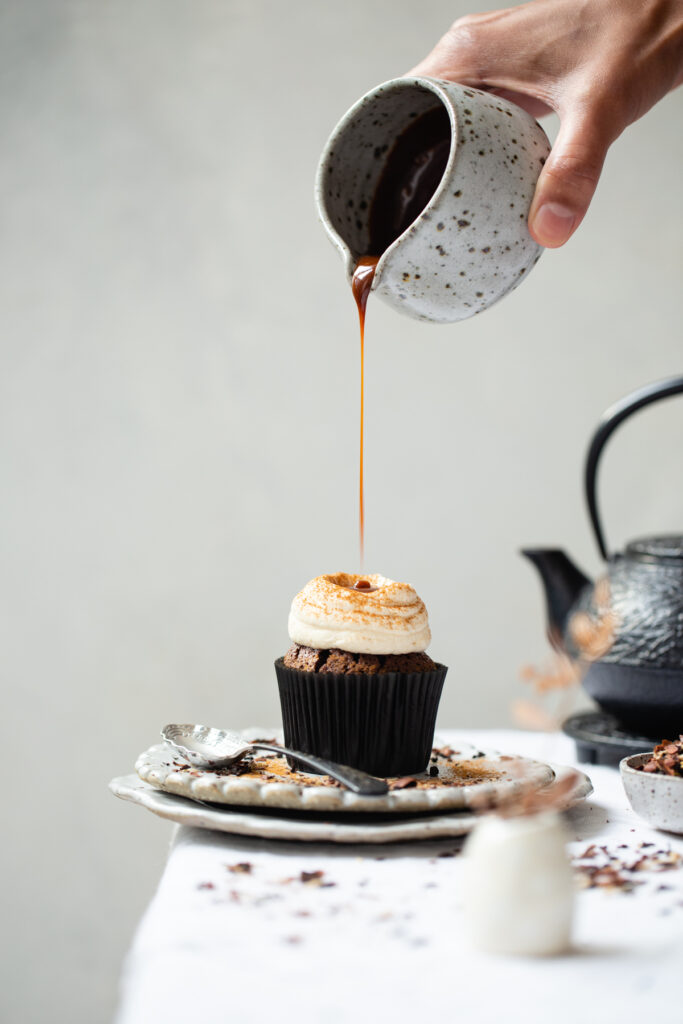 Chocolate Coconut Chai Caramel Cupcakes | The Polka Dotter