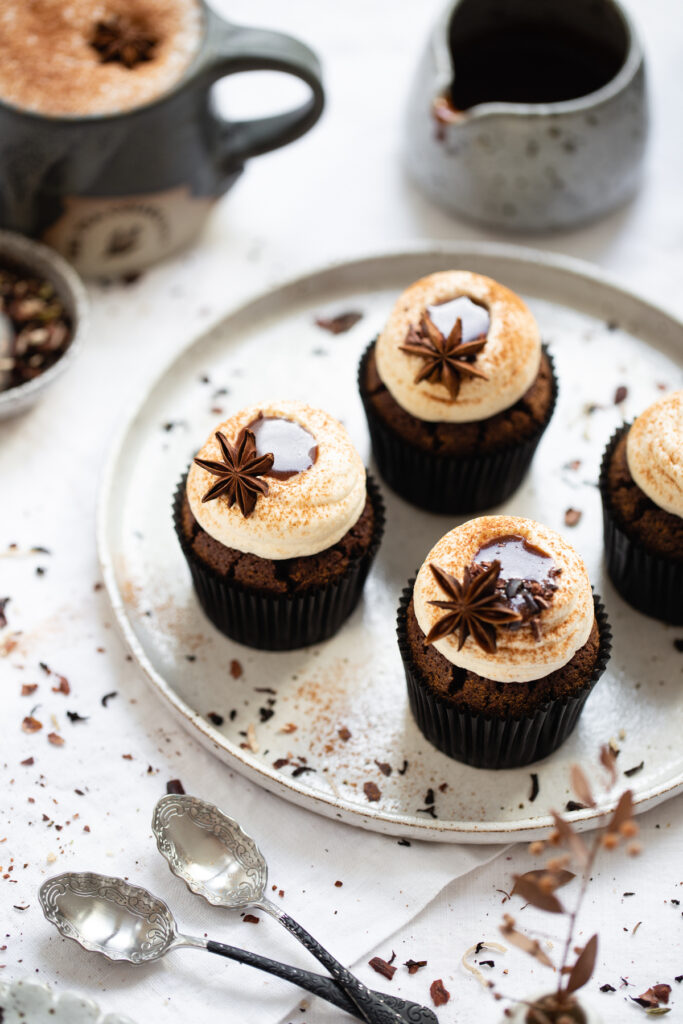 Chocolate Coconut Chai Caramel Cupcakes | The Polka Dotter