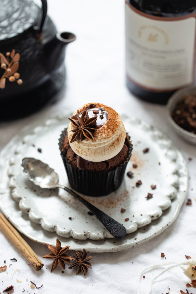 Chocolate Coconut Chai Caramel Cupcakes | The Polka Dotter