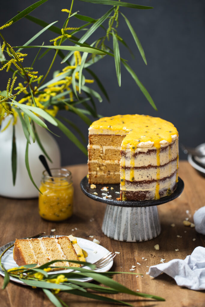 White Chocolate Wattleseed Cake + Passionfruit Curd | The Polka Dotter