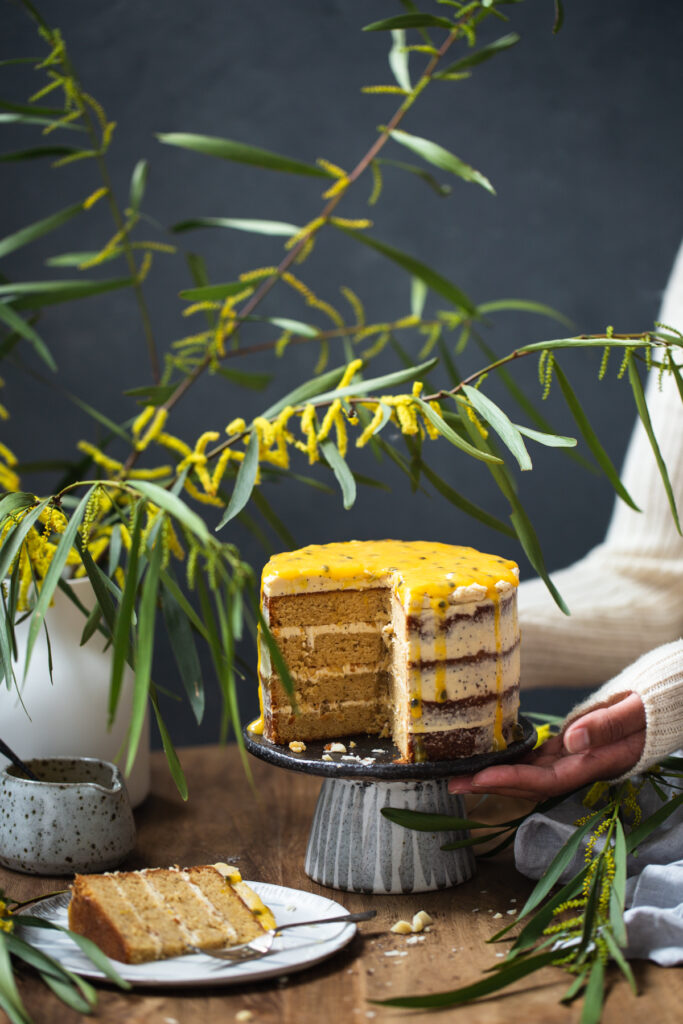 White Chocolate Wattleseed Cake + Passionfruit Curd | The Polka Dotter